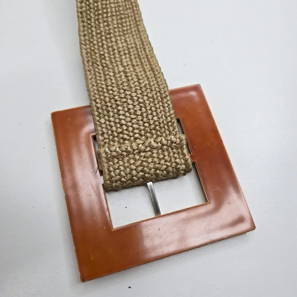 Women's Boho Beach Brown Beige Woven Elastic Straw Like Elastic Big Buckle Belt
